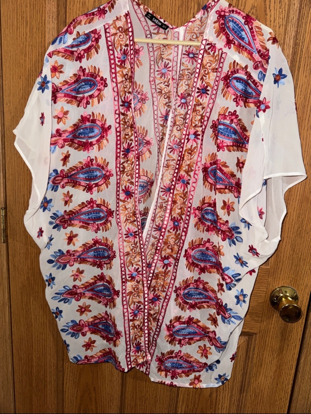 SHEIN White Paisley Embroidered Open-Front Tunic